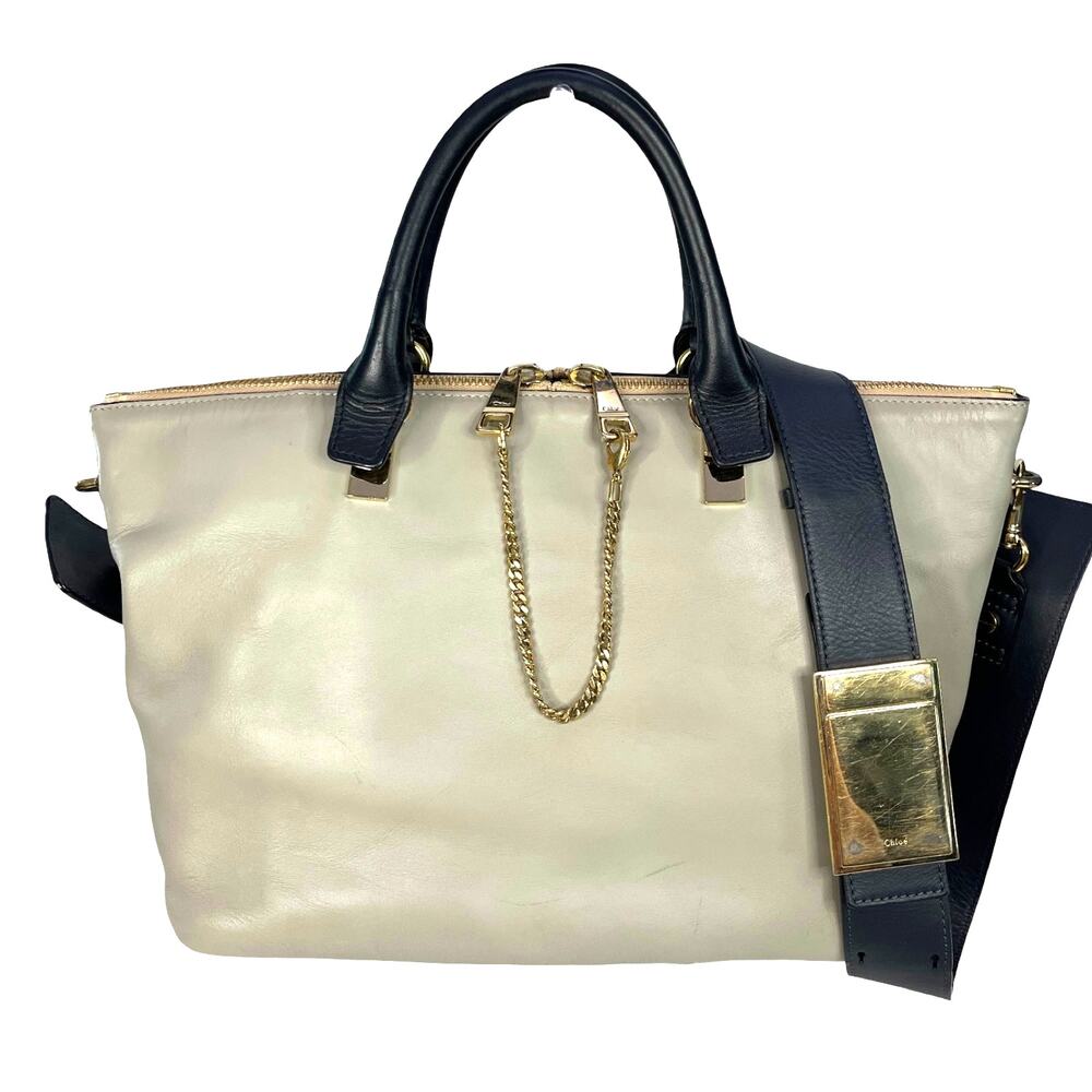 Chloe Baylee Leather Satchel Bag Navy Cream Colorblock Shoulder Crossbody Italy